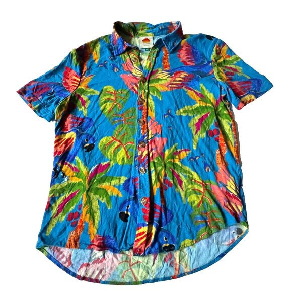 Farm Rio M Sunny Day Unisex Button Shirt Parrot Macaw Bird Blue Tropical Womens - Picture 2 of 9